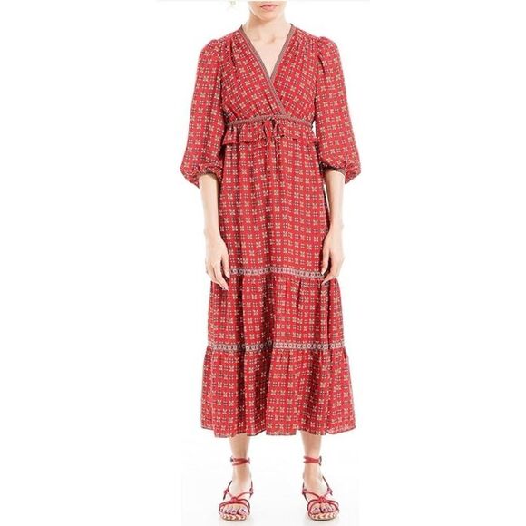 Max Studio London Women’s Size Large Tiered Maxi Dress Red 3/4 Sleeve NWT - Picture 1 of 16
